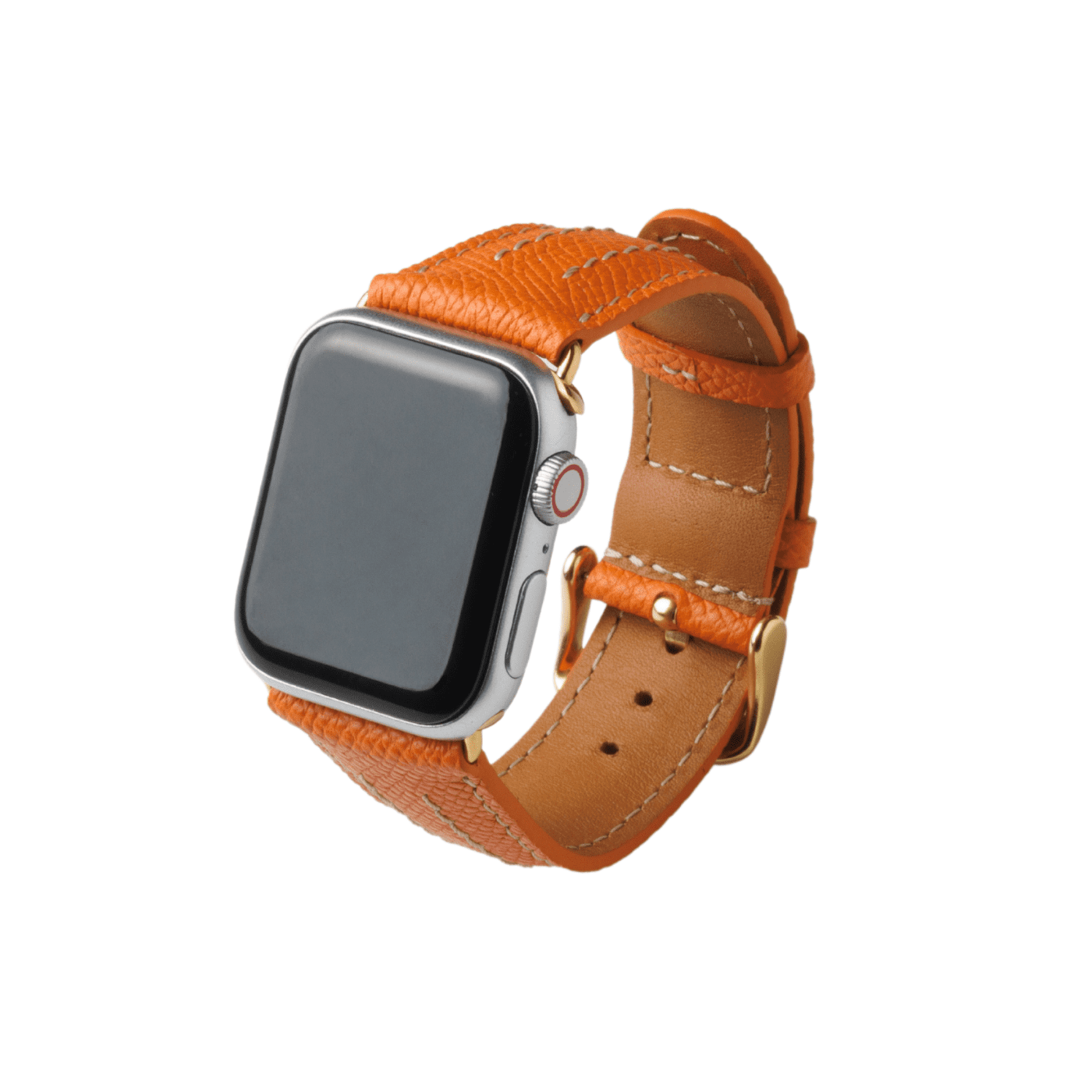 【YUTORI】AppleWatch用ラグジュアリーレザーバンド(色：オレンジ、ゴールド金具)右前