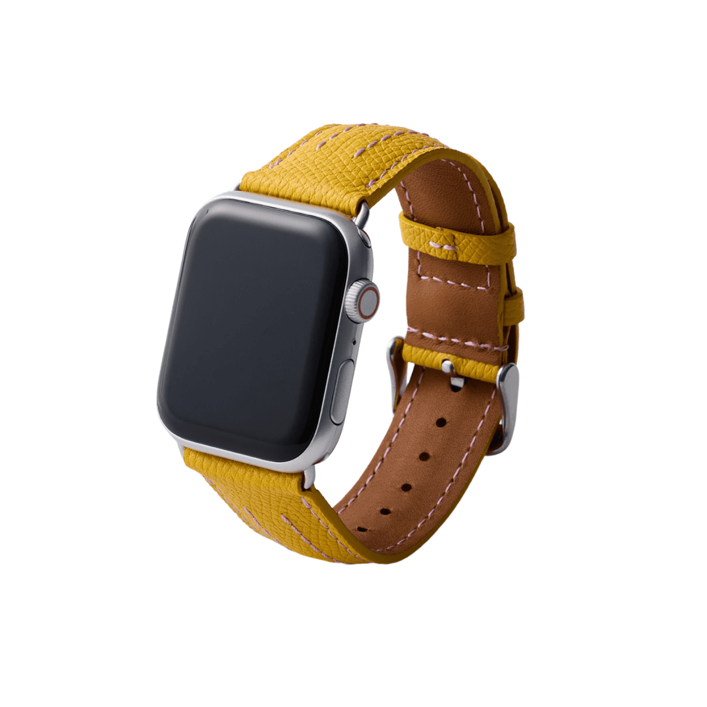 【YUTORI】AppleWatch用ラグジュアリーレザーバンド(色：イエロー、シルバー金具)右前