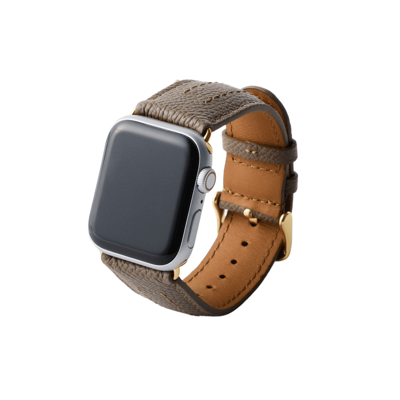 【YUTORI】AppleWatch用ラグジュアリーレザーバンド(色：トープ、ゴールド金具)右前