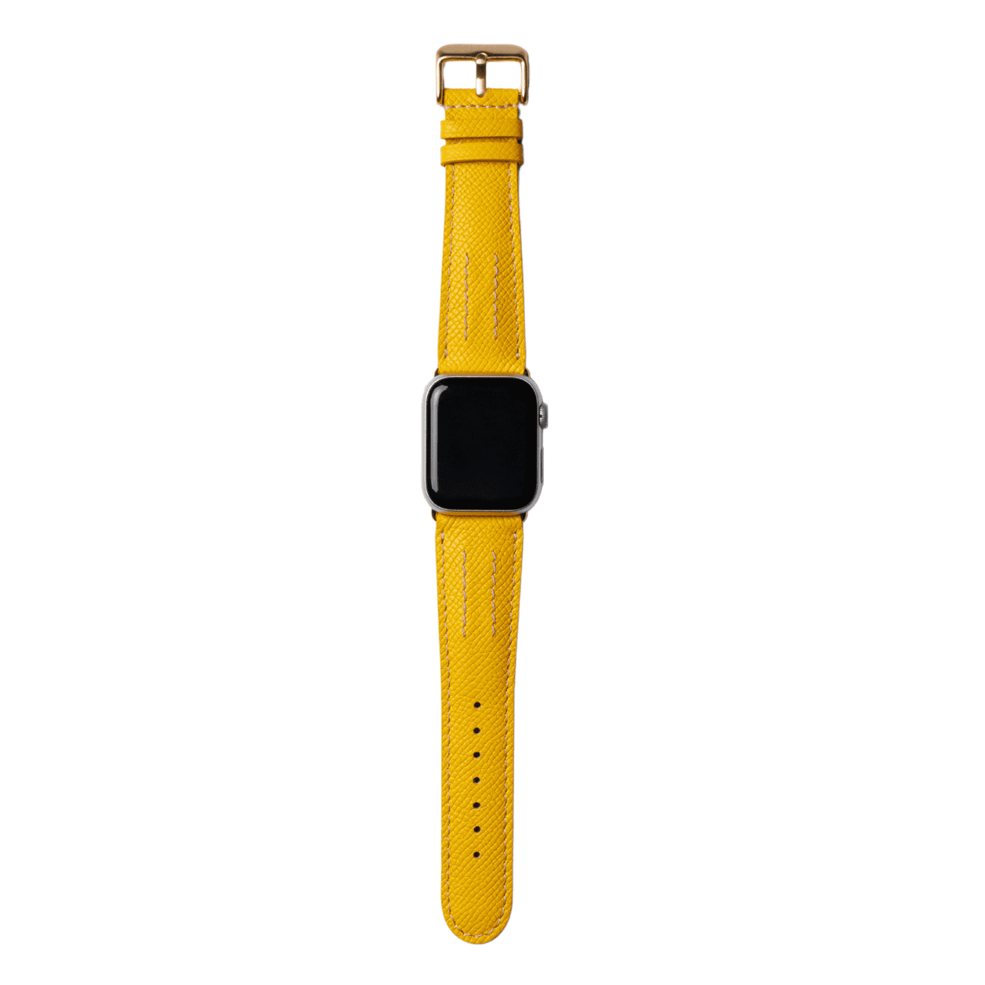 【YUTORI】AppleWatch用ラグジュアリーレザーバンド(色：イエロー、ゴールド金具)時計付き正面