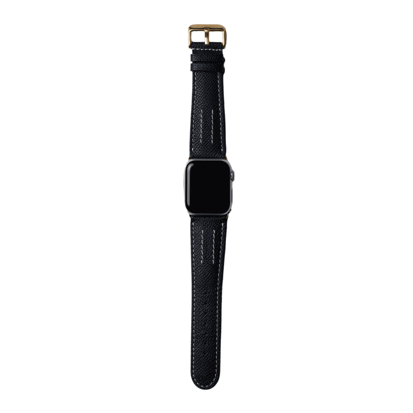 【YUTORI】AppleWatch用ラグジュアリーレザーバンド(色：ブラック、ゴールド金具)時計付き正面