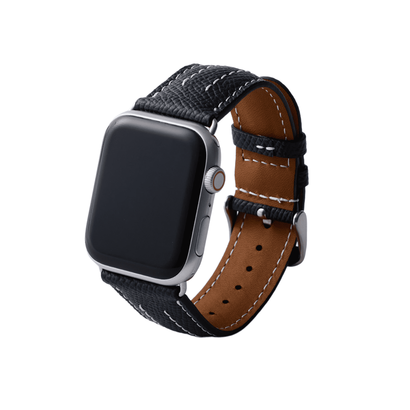 【YUTORI】AppleWatch用ラグジュアリーレザーバンド(色：ブラック、シルバー金具)右前