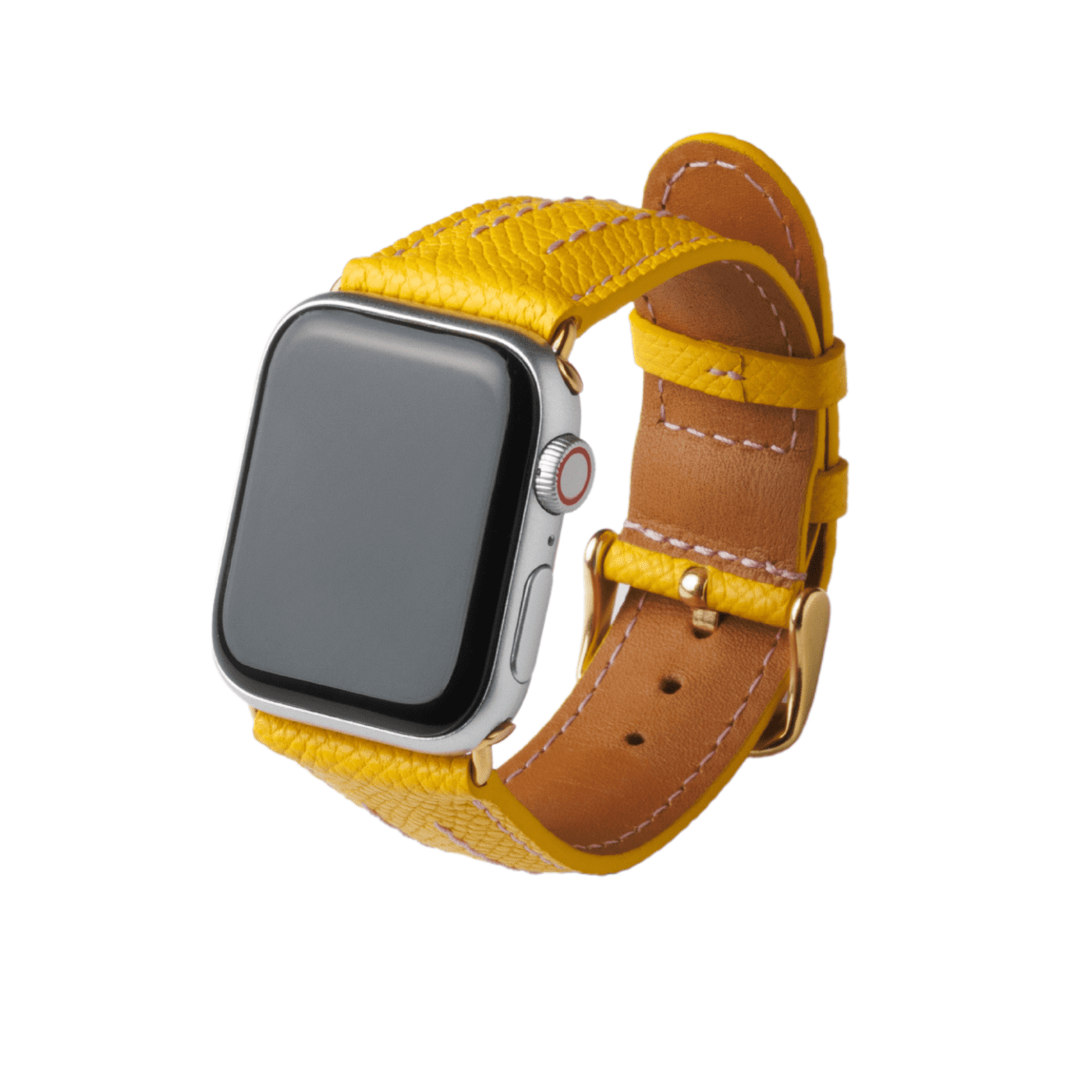 【YUTORI】AppleWatch用ラグジュアリーレザーバンド(色：イエロー、ゴールド金具)右前