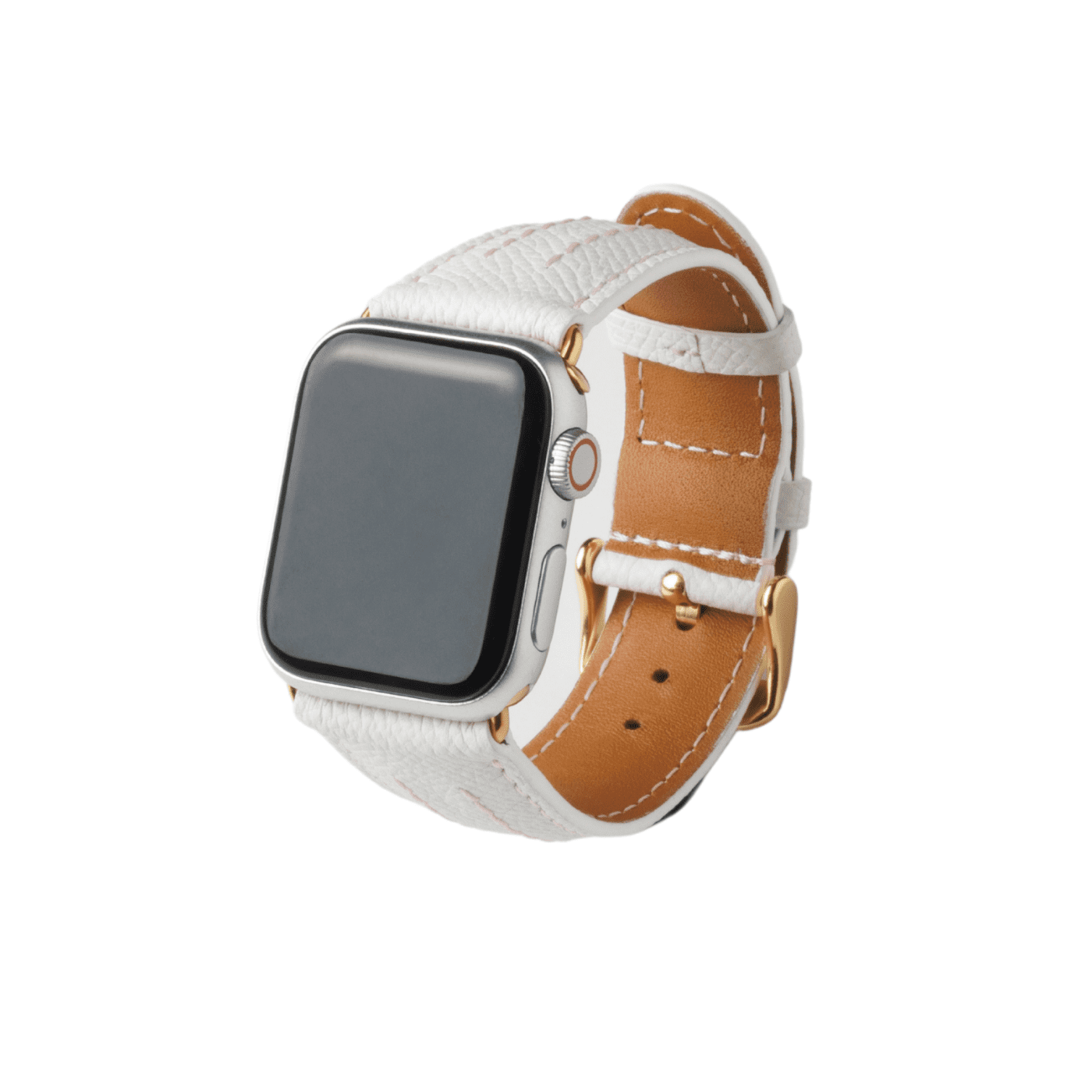 【YUTORI】AppleWatch用ラグジュアリーレザーバンド(色：ホワイト、ゴールド金具)右前