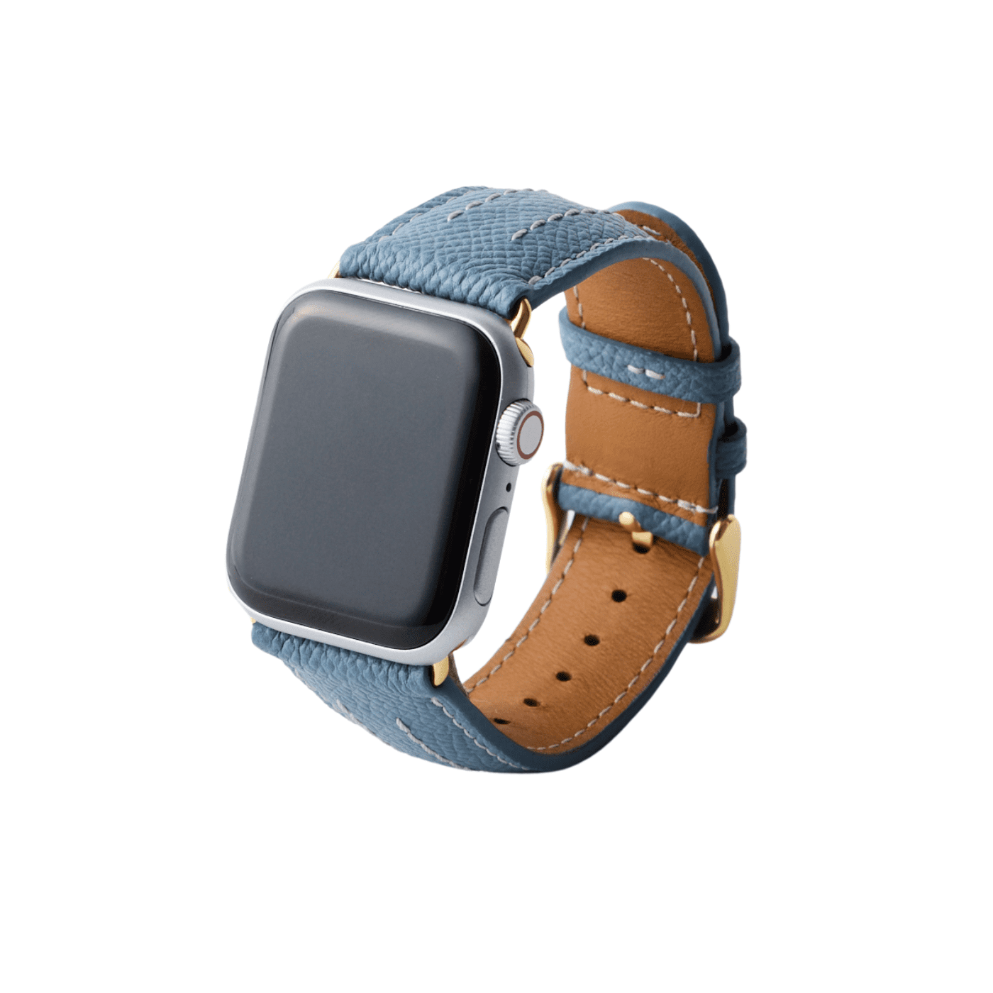 【YUTORI】AppleWatch用ラグジュアリーレザーバンド(色：ターコイズ、ゴールド金具)右前