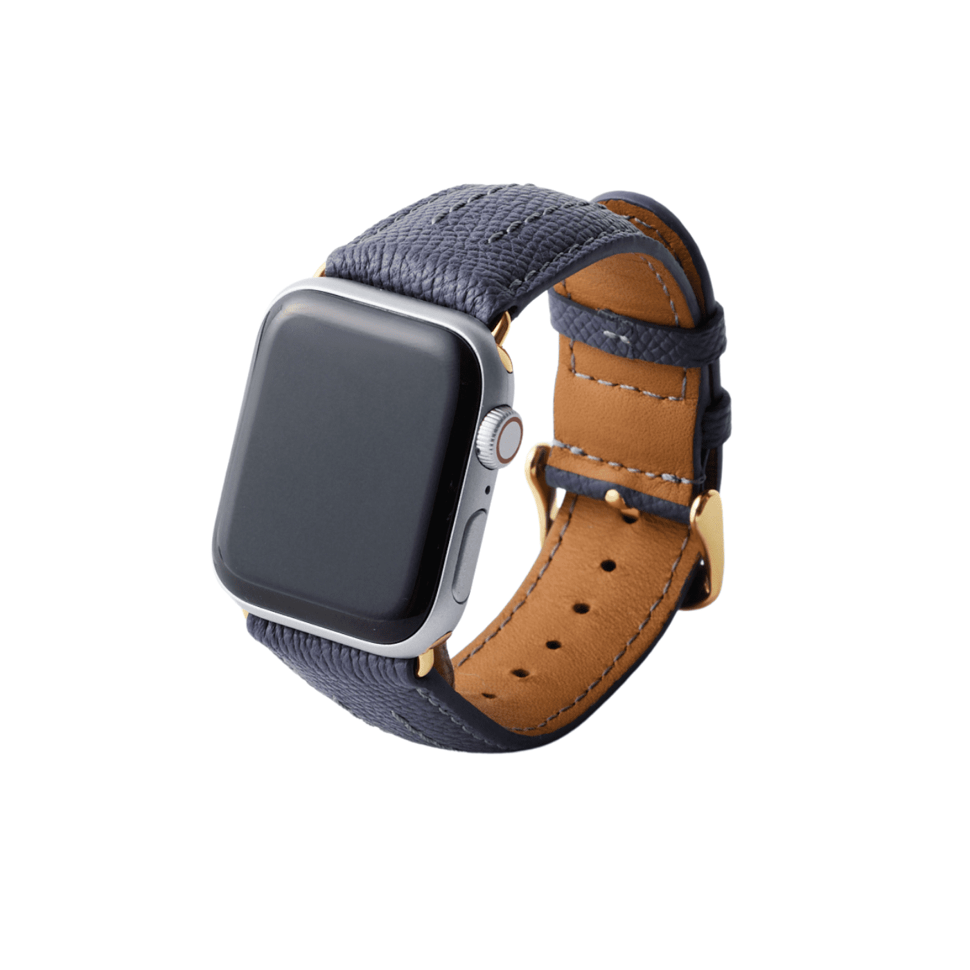 【YUTORI】AppleWatch用ラグジュアリーレザーバンド(色：インクブルー、ゴールド金具)右前